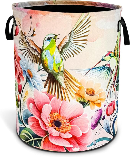 Hummingbird Laundry Basket Beautiful Bird Flower Foldable Oxford Cloth Funny Tote Bag Laundry Hamper Clothes Storage Bucket Toy Organizer For Bathroom/Laundry Storage/Bedroom 18.9x16.5 Inch