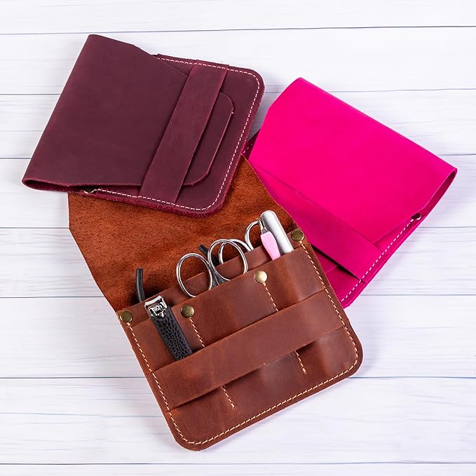 Leather Manicure Set Case Grooming Kit Organizer (Light Brown)