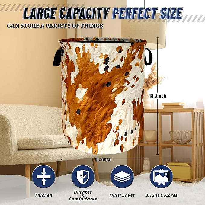 Vintage Cows Pattern Laundry Basket Foldable Cow Brown Cowhide Laundry Hamper With Handle Oxford Cloth Clothes Storage Organizer Basket 18.9"x16.5" Laundry Bag For Laundry Room/Bedroom/Bathrooms