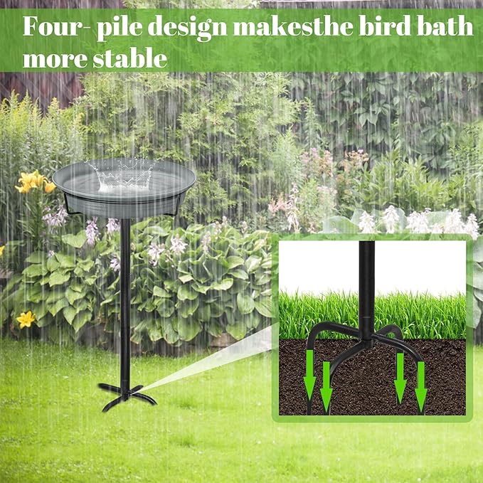 28In Freestanding Birdbaths Bowl Outdoor, Free Standing Garden Bird Bath Bird Feeder Bowl with Metal Stake, Detachable Decoration Spa Birdfeeder for Garden Patio Yard Lawn, 4 Spiky Feet (Grey)