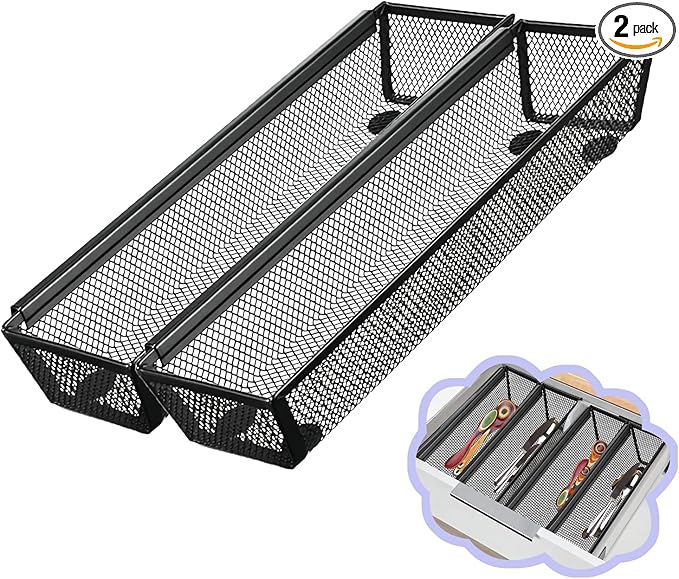 2PCS Drawer Organizer, Mesh Drawer Organizer with Interlocking Arm for Utensil, Cosmetic, Flatware, Pen (12 * 3 * 2 Inches, Black)