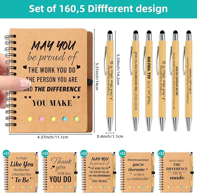 320 Pcs Employee Appreciation Gifts Bulk - 160 Sets of Inspirational Spiral Notebooks with Motivational Pens, Thank You Gifts for Staff, Coworkers,Teacher, Housekeeping, Team, Nurse, Office & School