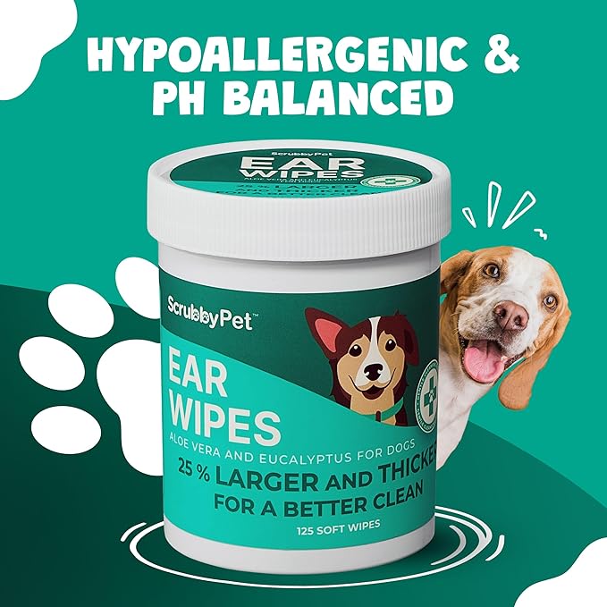 Dog Ear Wipes for Dogs | Extra Thick with Aloe Vera & Eucalyptus | 125 Count | Hypoallergenic Ear Cleaner for Dogs with Pearl Texture for Deeper Clean | Scrubby Pet