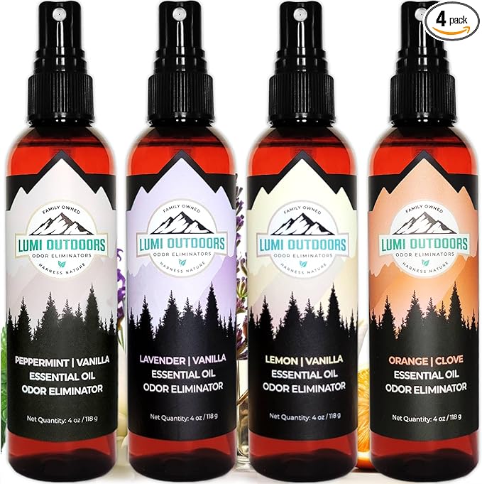 Lumi Outdoors Natural Air Freshener Spray - 4 Pack Bundle - Peppermint Vanilla, Lavender Vanilla, Lemon Vanilla, Orange Clove Room Sprays