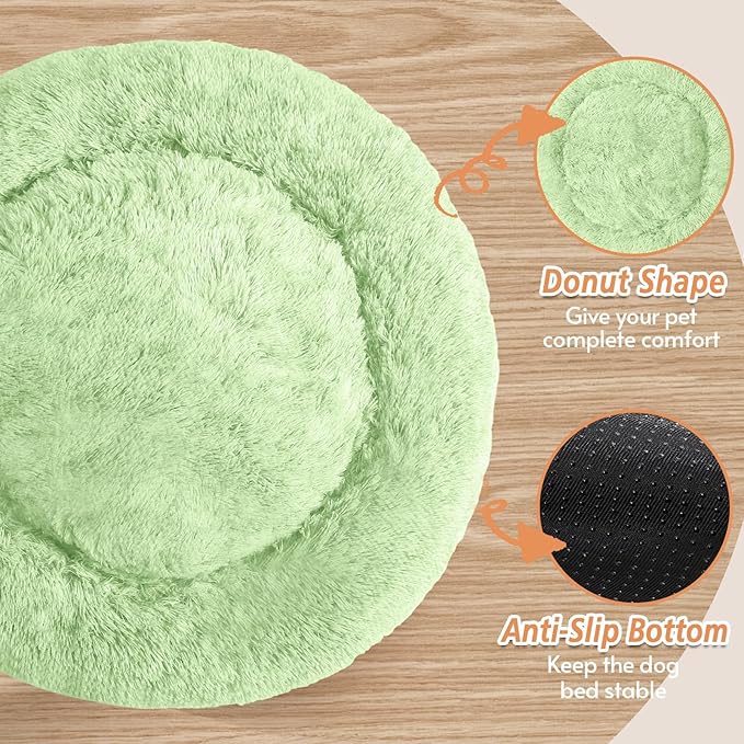 JOLLYVOGUE Small Dog & Cat Beds for Indoor Cats, Donut Cuddler Warming Soft Dog Beds with Anti-Slip Bottom, Round Calming Fluffy Plush Faux Fur Cushion Bed for Large Dogs (36", Light Green)