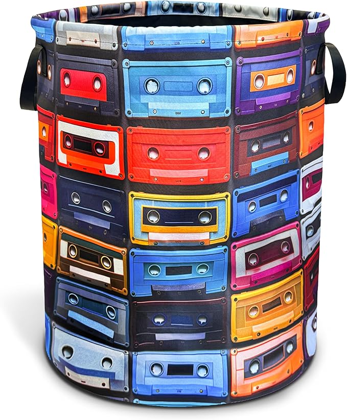 Vintage Cassette Music Tape Laundry Basket Foldable Oxford Cloth Funny Tote Bag Laundry Hamper Clothes Storage Bucket Toy Organizer For Bathroom/Laundry Storage/Bedroom 18.9x16.5 Inch