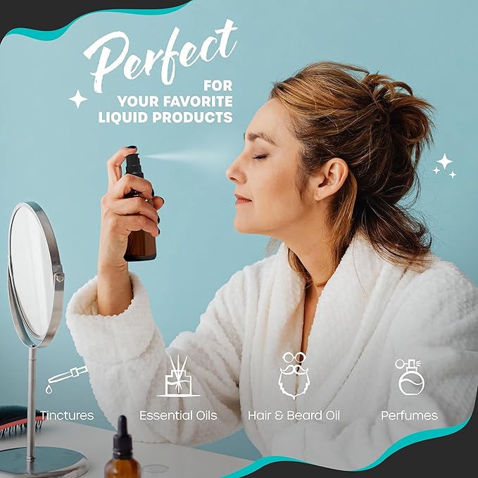 Nevlers 3 Pack Amber Glass Spray Bottles 2 Oz Set | Amber Spray Bottles with Shrink Wrap and Funnel | Leakproof Mister Bottle for Hair, Body, Fragrance, Hand Sanitizer & More