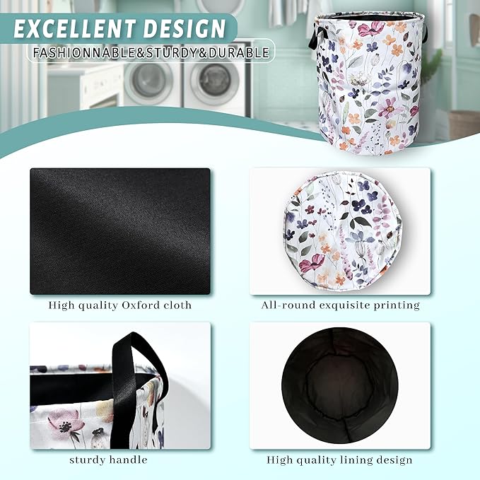 Watercolor Floral Laundry Basket Foldable With Handles Tote Bag Oxford Cloth Cute Flowers Laundry Hamper Clothes Storage Bucket Toy Organizer 18.9" x 16.5" For Bathroom/Laundry/Bedroom