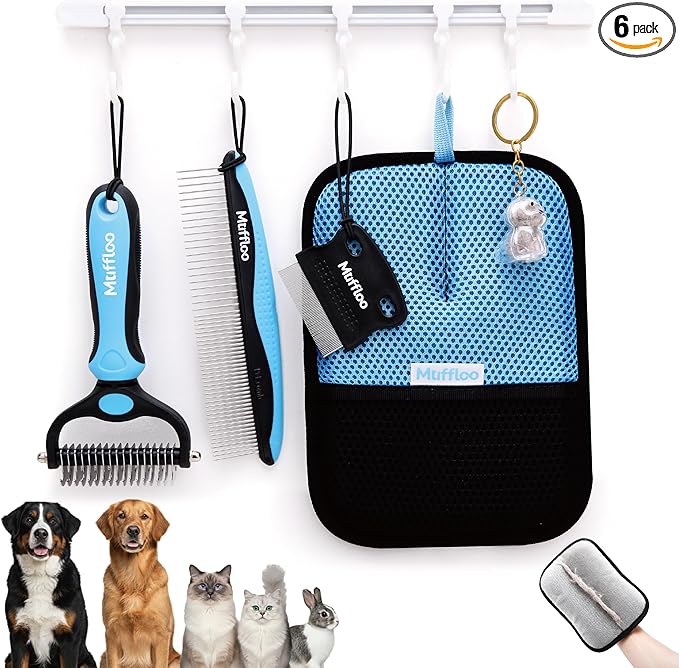 Pet Hair Removal Glove & Dematting Brush Gift Set: 6 Tools for Dogs and Cats- Pet Hair Removal Tool, Undercoat Rake, Grooming Rake, Dog Hair Keychain- for Golden Retrievers & Long Hair- for Car & Rug