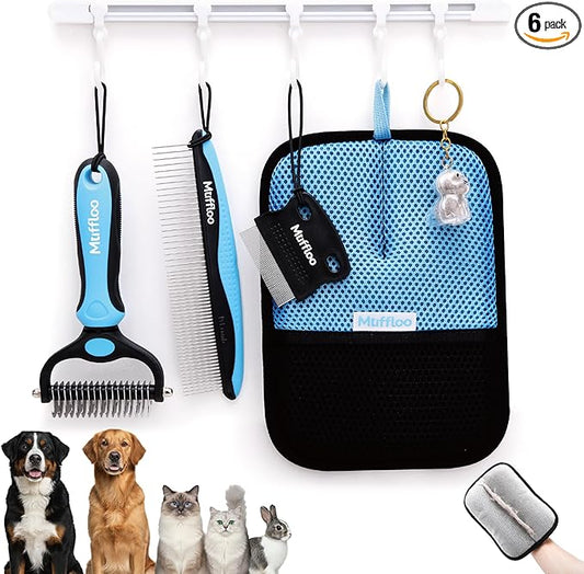 Pet Hair Removal Glove & Dematting Brush Gift Set: 6 Tools for Dogs and Cats- Pet Hair Removal Tool, Undercoat Rake, Grooming Rake, Dog Hair Keychain- for Golden Retrievers & Long Hair- for Car & Rug
