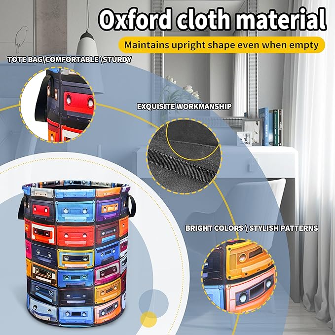 Vintage Cassette Music Tape Laundry Basket Foldable Oxford Cloth Funny Tote Bag Laundry Hamper Clothes Storage Bucket Toy Organizer For Bathroom/Laundry Storage/Bedroom 18.9x16.5 Inch