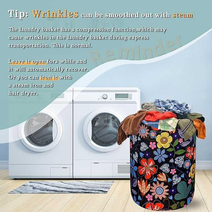 Abstract Colorful Flowers Laundry Hamper Pretty Floral Laundry Basket With Handles Foldable Oxford Cloth Tote Bag Clothes Toy Storage Bucket 18.9" x 16.5" For Bathroom/Laundry/Bedroom