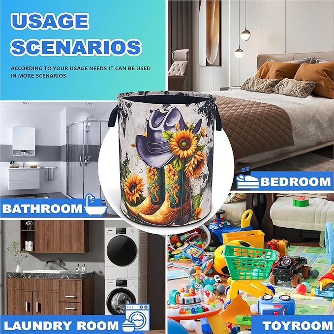 American Western Cowboy Hat Boots Laundry Basket Sunflower Oxford Cloth Laundry Hamper With Handle Foldable Portable Clothes Storage Basket 18.9 X 16.5 In Storage Bag For Laundry Room/Bathroom/Bedroom