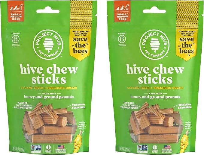 Hive Chew Stick Treats for Small Dogs 2 PackÑ Healthy, Non-GMO Project Verified, Natural Peanut Butter Flavored, Natural, Vegetarian Chews, Made in The USA (Chew Sticks, Small Breeds)