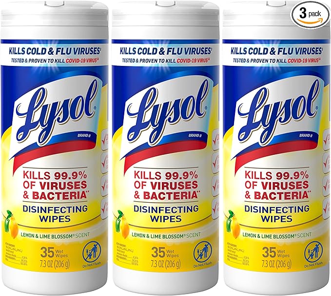 Lysol Disinfectant Wipes, Multi-Surface Antibacterial Cleaning Wipes, Dorm Room Essentials For Disinfecting and Cleaning, Lemon and Lime Blossom, 35 Count (Pack of 3)