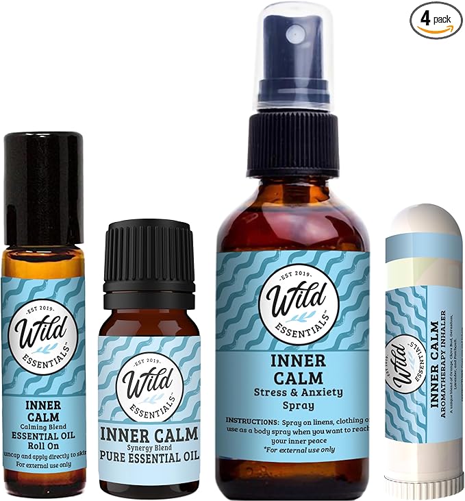Wild Essentials Inner Calm 4-Pack – Essential Oil Blend, Roll-On, Spray & Inhaler – Stress Relief & Relaxation Support -USA Made