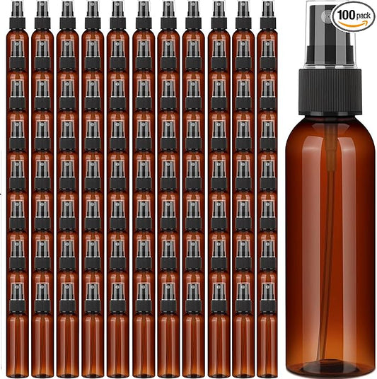 100 PCS 3.4 oz Plastic Spray Bottles with Fine Mist Nozzles for Essential Oil Travel and Refillable Cosmetic Use(Amber)