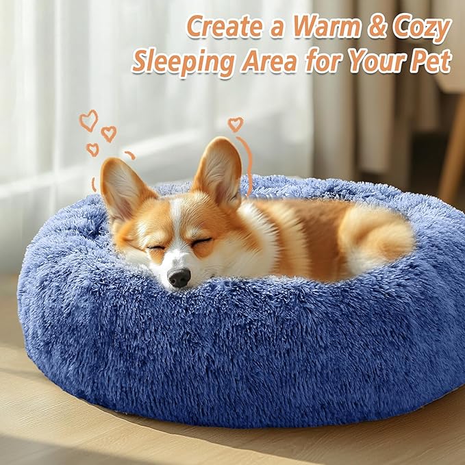 JOLLYVOGUE Small Dog & Cat Beds for Indoor Cats, Donut Cuddler Warming Soft Dog Beds with Anti-Slip Bottom, Round Calming Fluffy Plush Faux Fur Cushion Bed for Large Dogs (36", Navy Blue)