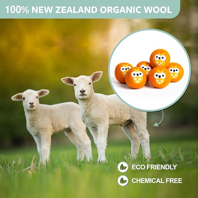 Calindiana 100% Organic Premium New Zealand Wool Dryer Balls Laundry Reusable Fabric Softener, Cute Dryer Sheets Alternative, Anti Static XL Size 6 Pack, Orange Owl