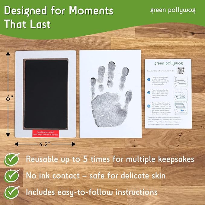 Green Pollywog Clean Touch Inkless Pad | Non-Toxic, Extra-Large | Baby Handprint and Footprint Kit | Safe Ink for Newborns | Paw Print Stamp for Dogs