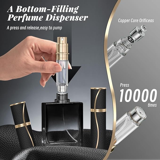 10ml Perfume Travel Refillable Atomizer,Genuine Leather Bottom Filling Perfumes Bottle,Mini Fragrances Dispenser,Portable Cologne Sprayer Pocket Size for Plane Trip Gift 0.34oz (Black)