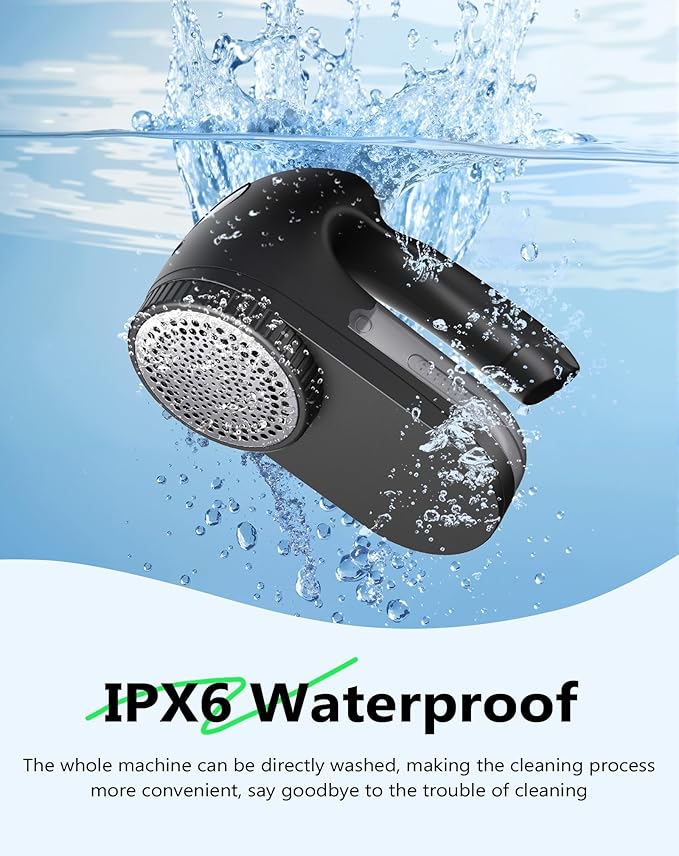IPX6 Waterproof Washable Electric Fabric Shaver and Lint Remover, Rechargeable Sweater Defuzzer with 3 Free Extra Blades, Quickly and Effectively Remove Fluff,Fuzz,Bobbles for Clothes, Dark Black