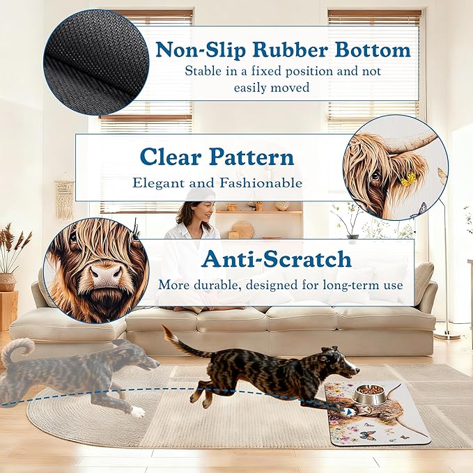Highland Cow Butterfly Dog Food Mat–Absorbent Quick Dry Feeding Placemat for Food and Water Bowls, Non Slip Rubber Backing, Waterproof Pet Supplies for Mess-Free Eating 12"x20"