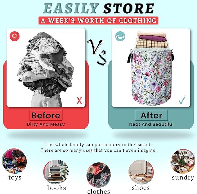 Watercolor Flower Floral Laundry Basket Foldable With Handles Tote Bag Oxford Cloth Colorful Laundry Hamper Clothes Storage Bucket Toy Organizer 18.9" x 16.5" For Bathroom/Laundry/Bedroom