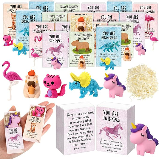 30 Sets Emotional Support Desk Pets Bulk Animal Erasers Desk Pets Positive Affirmation Puzzle Pencil Eraser Toys Gifts with Box Raffia for Students School Classroom Party Favors (Animals)