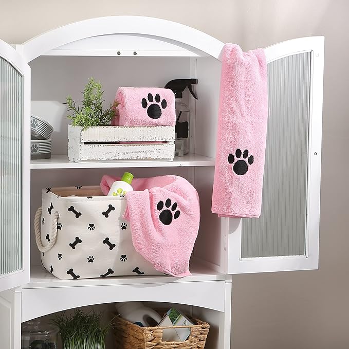 Bone Dry Pet Grooming Towel Collection Embroidered Absorbent Microfiber Drying Set, 15x30, Pink, 3 Count