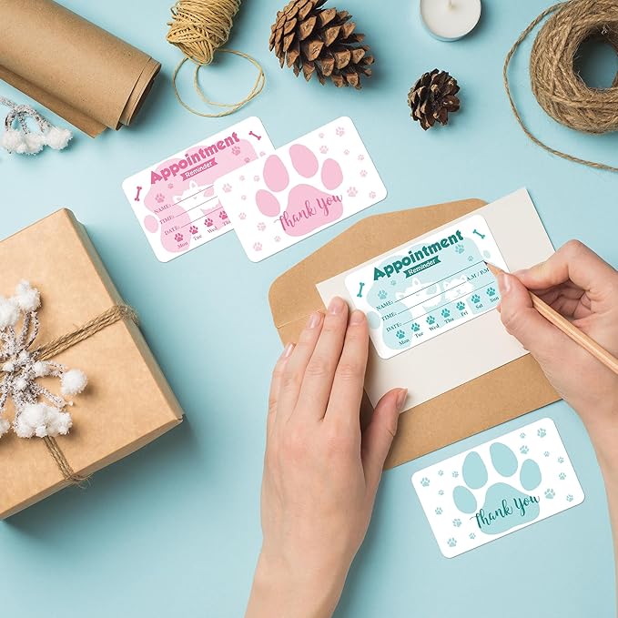 240Pcs Pet Grooming Appointment Reminder Cards Paw Prints Client Business Card for Vet Office Dog Spa Boarding Training Cats Care 3.54 x 2inch 2 Colors