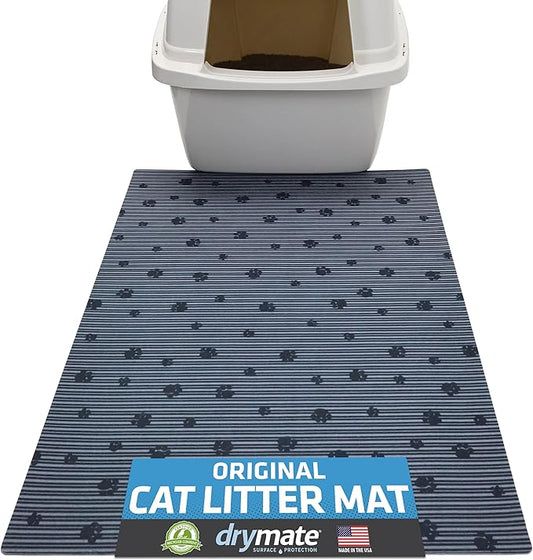 Drymate Original Cat Litter Mat, Contains Mess from Box, Protects Floors, Urine-Proof, Machine Washable, Soft on Kitty Paws, Absorbent, Waterproof (USA Made, Recycled Content) (20”x28”)(GreyStripePaw)