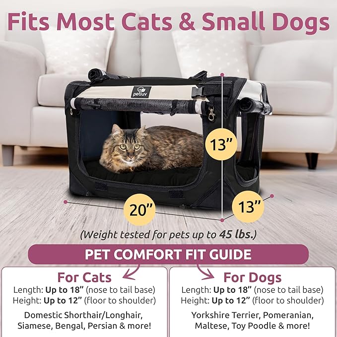 Soft-Sided Cat & Dog Pet Carrier, Medium 20"x13"x13" Fits Most Cats or Small Dog, Comfortable for Travel & Vet Visits, Privacy Windows, Removable Plush Bed, Top/Side Entry, Locking Zippers, Folds Flat