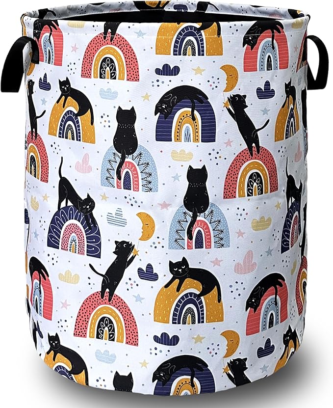 Boho Rainbow Cute Cats Laundry Basket Foldable With Handles Tote Bag Oxford Cloth Funny Cat Laundry Hamper Clothes Storage Bucket Toy Organizer 18.9" x 16.5" For Bathroom/Laundry/Bedroom
