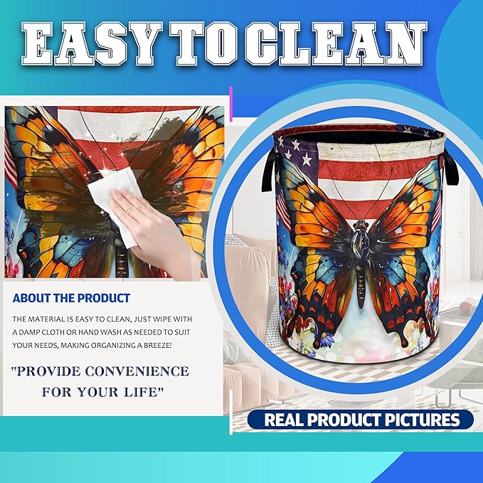 Vintage American Flag Butterfly Laundry Basket Flowers Oxford Cloth Laundry Hamper With Handle Foldable Portable Clothes Storage Basket 18.9 X 16.5 Inch Storage Bag For Laundry Room/Bathroom/Bedroom