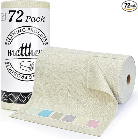 Matthew Microfiber Cleaning Cloth Roll 72Pack (12" x 12") Reusable Paper Towels&Washable Tear Away Towels,Ultra Water Absorbent Lint&Streak Free Cleaning Rags for Glass,Dishwash,Bathroom,Cars-Beige