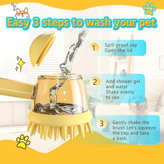 Dog Bath Brush, Dog Scrubber for Bath,Dog Grooming Massage Brush for Long Short Haired Dogs Cats Shower Massage Brush (Yellow)