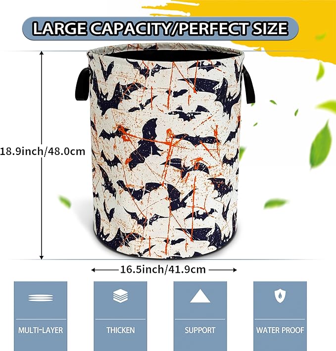 Bat Laundry Basket Goth Foldable Oxford Cloth Funny Tote Bag Laundry Hamper Clothes Storage Bucket Toy Organizer For Bathroom/Laundry Storage/Bedroom 18.9x16.5 Inch