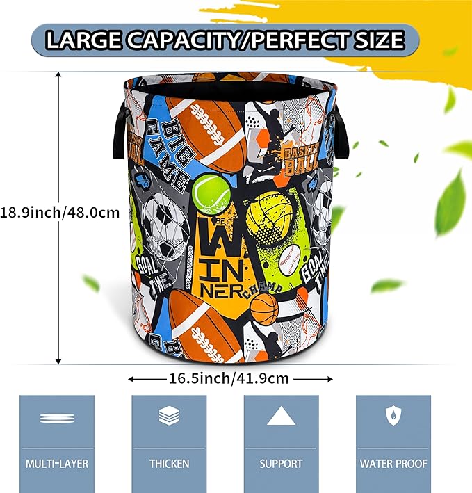 Ball Game Laundry Basket Sports Foldable Waterproof Oxford Cloth Funny Tote Bag Laundry Hamper Clothes Storage Bucket Toy Organizer For Bathroom/Laundry Storage/Bedroom 18.9x16.5 Inch
