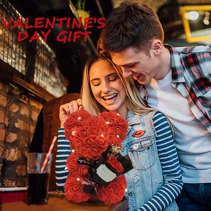 Romantic Valentines Day Gift for Her Rose Artificial Flower Rose Teddy Bear for Wife, Girlfriend Mother Daugther Women. Blind Box Gift for Christmas Birthday Wedding Anniversary (Red Bear)