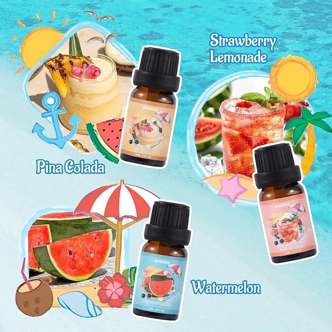 Summer Fragrance Oils Set, AVEOIRA Beach Essential Oil Set for Diffuser, Candle, Soap Making Scented Oils, Pina Colada, Strawberry Lemonade, Watermelon, Vanilla Ice Cream, Coconut, Ocean Breeze