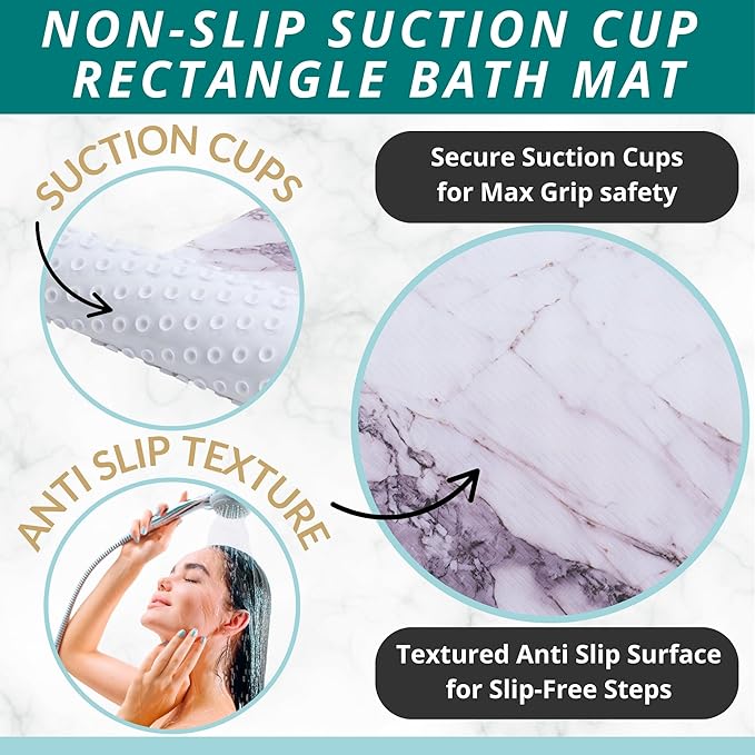 ENKOSI Non Slip Bath Mat for Tub and Shower Floors – Anti Slip Shower Mat with Strong Grip – Soft, Safe, and Unique Marble Print Bathroom Shower Mat for Inside Bathtub and Stalls (28x16 Marble Gray)