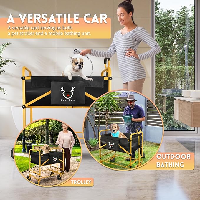 2-in-1 Dog Bathtub and Dog Stroller, Portable Dog Bath and Pet Stroller for Small and Medium Dogs (5-55 lbs) and Cats, Four-Wheel Bathing Cart with Brake