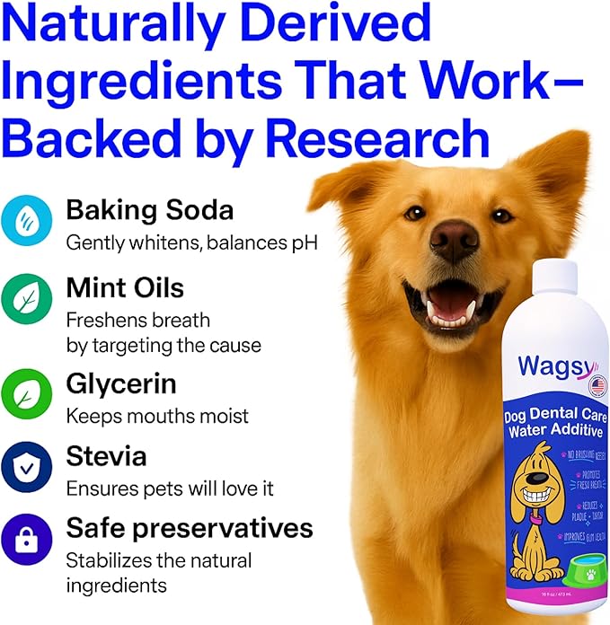 WAGSY Dog Breath Freshener & Dental Care Water Additive for Dogs Teeth - Made in USA, Naturally Derived Dog Mouthwash for Bad Breath, Plaque & Tartar Control, Whiter Teeth & Fresh Breath