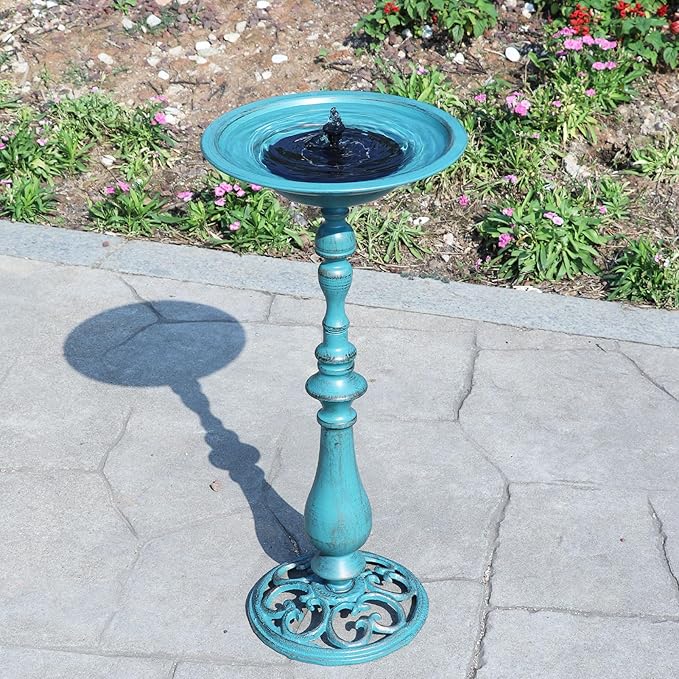 26.6”H×12.3" W Cast Iron Pedestal Bird Bath，Metal Birdbaths Bird Feeder Seed Tray for Garden Yard Decor -Blue.