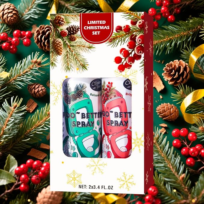 Clean-n-Fresh Toilet Spray, Holiday Pack Gift Set - 6.8 Fl Oz Balsam & Cedar and Bright Berry, Bathroom Odor Deodorizer, Up to 400 Uses