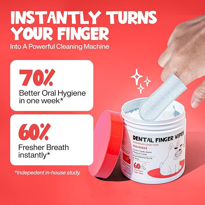 Dog Teeth Cleaning Wipes 60 Packs - Fragrance-Free Dental Wipes to Reduce Plaque & Tartar for Dogs & Cats - Pet Dental Wipes for Oral Freshness