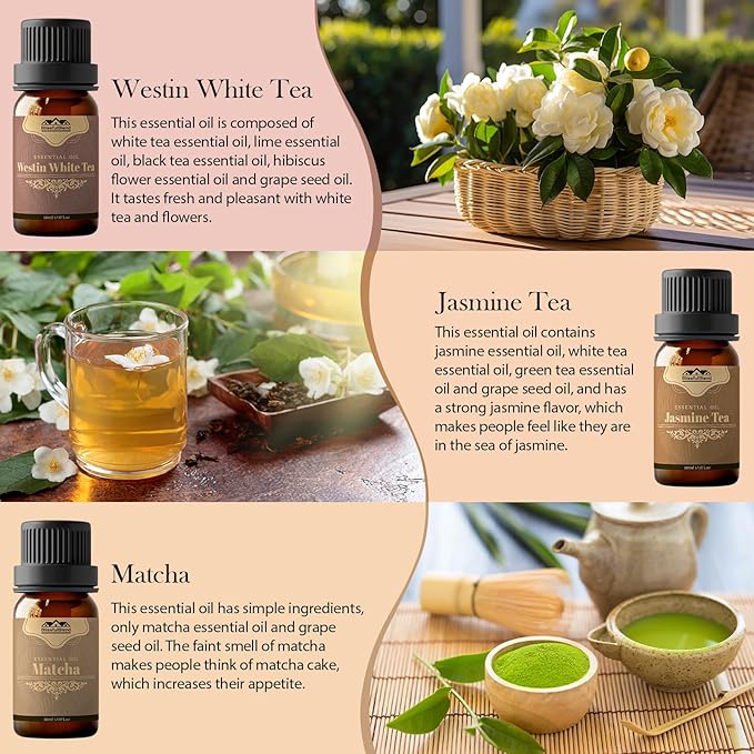 6 Pack Westin White Tea Spring Essential Oil Diffuser for Home Care and Candle Making BlissfulBlend Atmosphere Fragrance of Essential Oil Gifts Set 10ML Matcha Jasmine Citron Lemon Tea