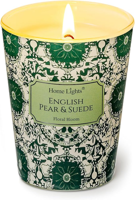 HomeLights Soy Wax Candles for Home Scented, 1-Wick Candles in English Pear & Suede Scented, Aromatherapy Candles Gift for Parties, Relaxing, Bohemian Natural Textures, 6.7oz