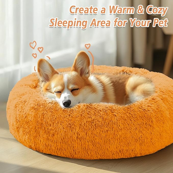 JOLLYVOGUE Small Dog & Cat Beds for Indoor Cats, Donut Cuddler Warming Soft Dog Beds with Anti-Slip Bottom, Round Calming Fluffy Plush Faux Fur Cushion Bed for Large Dogs (36", Orange)